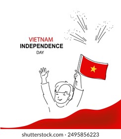 Arte de línea del Día de la Independencia de Vietnam. lindo niño sostiene una bandera de Vietnam en sus manos. Un Anuncio de doodle de Vector dibujado a mano, espacio de copia. Feliz Día Independiente de Vietnam.