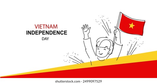 line art of Vietnam independence Day. cute child holds a Vietnam flag in his hands. A hand-drawn vector doodle banner, copy space.Happy Vietnam Independent Day.