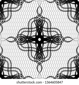 Line art vintage arabesque vector seamless pattern. Black and white geometric grid lattice background. Repeat decorative lace backdrop. Hand drawn grunge lines arabic style ornament. Elegance design