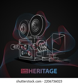 Line art of vintage camera with red blue lines for audio visual heritage day design