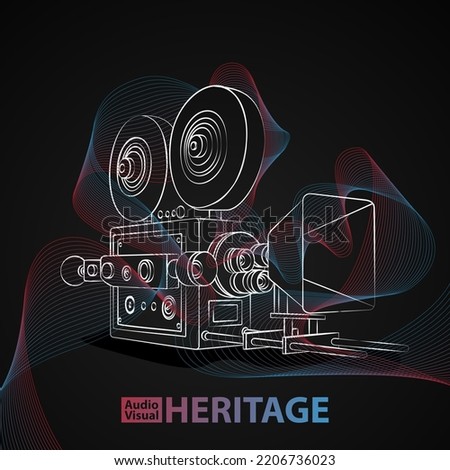 Line art of vintage camera with red blue lines for audio visual heritage day design