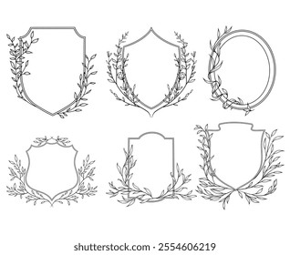 Line art vintage crest floral frames with greenery branches, line art drawing, botanical vector illustration, floral wedding border set