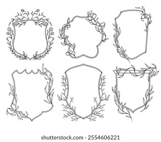 Line art vintage crest floral frames with greenery branches, line art drawing, botanical vector illustration, floral wedding border set