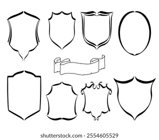 Line art vintage crest frames, line drawing vector illustration, monogram or wedding border set