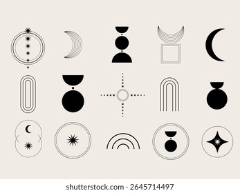 Line Art Vintage Elegant Element Set. Minimalist Outline Symbol in Boho Style. Aesthetic Timeless Element Design Decoration Silhouette. 