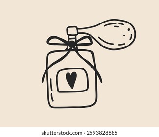 Line art vintage perfume bottle isolated. Whimsical hand drawn woman coquette fragrance bottle sketch. Vector outline illustration
