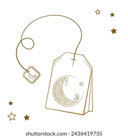 Line art vintage style crescent moon tea bag illustration. Magic calming tea for a good sleep and relaxation.