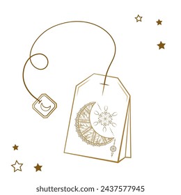 Line art vintage style crescent moon tea bag illustration. Magic calming tea for a good sleep and relaxation.