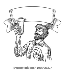 Line Art Vintage Vector Smiling Beer Tasting Man