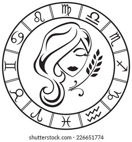 Line art  Virgo sign in the round zodiac frame. Vector Illustration  