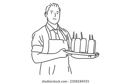 line art of waiter holding a serving tray vector illustration