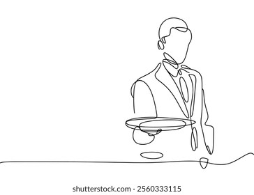 Line Art of a Waiter Holding a Serving Tray 