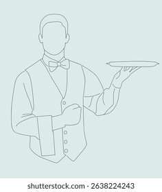 line art waiter with napkin and plate.waiter hand holding tray. Hand holding tray single outline vector illustration.