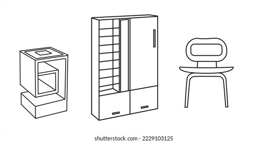 Line art wardrobe, Lamp and chair vector illustration isolated on white background