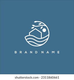 line art water house in circle leaf and sun logo vector