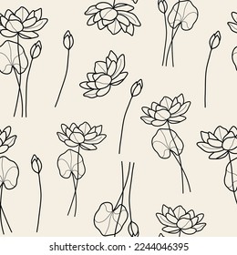 Line art water lily flower seamless pattern