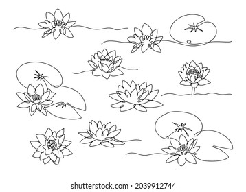 Line art water lily. Set of minimal flowers with leaves