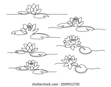 Line art water lily. Set of minimal lotus with leaves. 