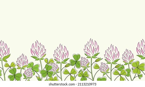 Line art watercolor set of clover leaves and pink flowers. Happy St. Patricks Day