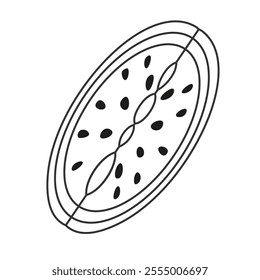 Line art watermelon bitten quarter with seeds top view. Suitable for banners, social media graphics. Editable stroke
