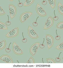 Línea de arte sandía y vectores de cerezo sin fisuras con fondo verde. Excelente como impresión textil, tela, papel pintado, embalaje o gota. Diseño de patrones de superficie.