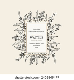 Line art wattle frame. Australian native flowers