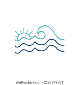 Line art wave ocean and sun logo minimalist vector image. sun and wave logo vector design template Vector