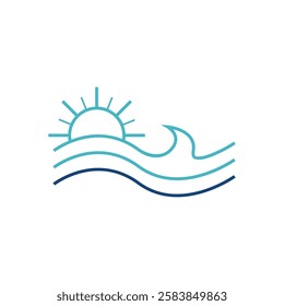 Line art wave ocean and sun logo minimalist vector image. sun and wave logo vector design template Vector