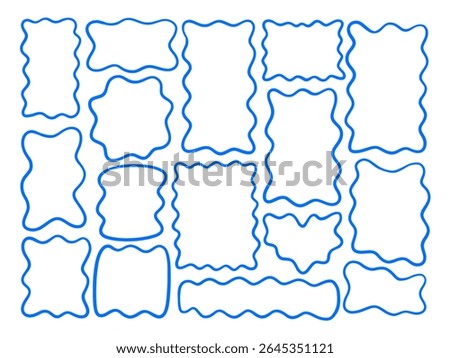 Line Art Wavy Frame Outline in Blue. A playful collection of 16 frame outlines in bright blue line art featuring wavy curved borders in vertical and organic forms. Perfect for layouts stickers