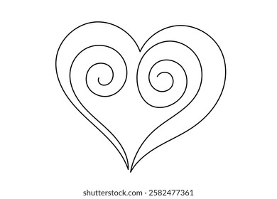 Line Art Wavy Heart Shape Icon. Romantic Minimalist Black Silhouette Contour. Valentine Day or Wedding Greeting Card Background. Shop Advertising Decoration Wallpaper One Continuous Line Drawn Element