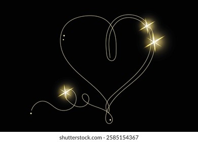 Line Art Wavy Heart Shape Icon. Romantic Minimalist Black Silhouette Contour. Valentine Day or Wedding Greeting Card Background. Luxury Rich Glamour Invitation Card. line Art Isolated on Black. Shine 