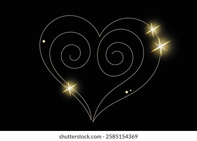 Line Art Wavy Heart Shape Icon. Romantic Minimalist Black Silhouette Contour. Valentine Day or Wedding Greeting Card Background. Luxury Rich Glamour Invitation Card. line Art Isolated on Black. Shine 