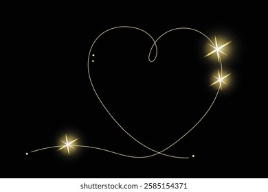 Line Art Wavy Heart Shape Icon. Romantic Minimalist Black Silhouette Contour. Valentine Day or Wedding Greeting Card Background. Luxury Rich Glamour Invitation Card. line Art Isolated on Black. Shine 