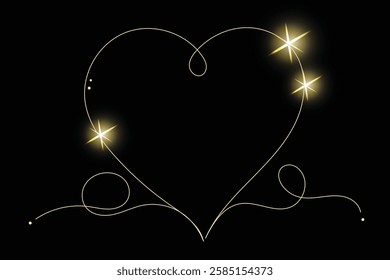 Line Art Wavy Heart Shape Icon. Romantic Minimalist Black Silhouette Contour. Valentine Day or Wedding Greeting Card Background. Luxury Rich Glamour Invitation Card. line Art Isolated on Black. Shine 