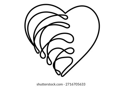 Icono de forma de corazón ondulado de arte de línea. Silueta negra minimalista romántica. Día de San Valentín o fondo de tarjeta de felicitación de Boda. Tienda Publicidad Decoración Fondo de pantalla Una Línea Continua Dibujado Elemento	
