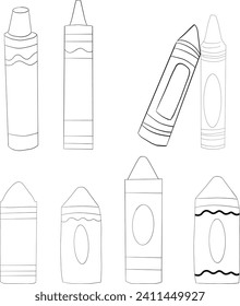 Line Art Wachs Crayons Vektorset. Kinder, die Farbstifte im Aquarell-Stil für Schule und Zeichenkonzept verwenden