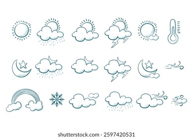 Line Art of Weather Icons, Cute and simple Icons for Decor, Weather icon set for decor and sticker.