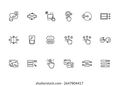 Conjunto de ícones da Web da arte de linha que representa vários elementos da interface de ações no plano de fundo