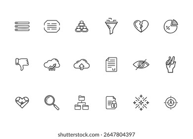 Line art web icons showing menu document cloud upload broken heart pie chart thumbs down