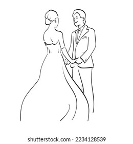 line art wedding couple in love holding hand illustration vector hand drawn isolated on white background