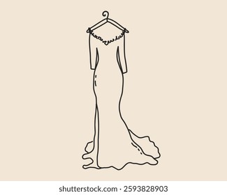 Line art wedding dress isolated. Whimsical coquette bride dress sketch. Marriage bridal trendy princess clothes. Vector outline illustration