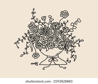 Line art wedding vase pot with flower bouquet isolated. Whimsical coquette ceramic floral pottery jar hand drawn simple sketch. Vector outline illustration