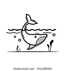 A line art of a whale in the ocean. A vector design of a fish and ocean.