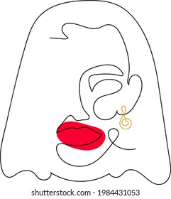 Line art where woman face have red lips and earring.