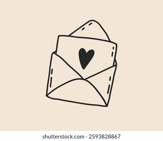 Line art whimsical love letter isolated. Valentine heart envelope for wedding card. Hand drawn coquette sketch. Vector outline illustration