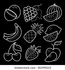 Line art white fruit icons set on black background vector illustration