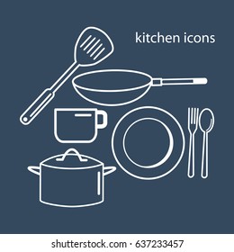 line art white kitchen icons set,pot,pan,dish,spoon,fork,vector illustrations