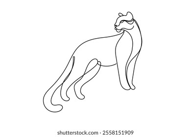 Line Art Wild Cat Animal Illustration. One Continuous Outline Curve Hand Drawn Wild Cat Sketch. Editable Vector Wavy Stroke. Flexible Drawn Line Form Trendy Modern Design. 