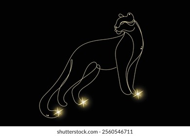 Line Art Wild Cat Animal with Gold Glitter Stars. Luxury Rich Glamour Invitation Card. line Art Isolated on Black. Shine Gold Light Texture Effect. Glowing Blink Star Christmas Holiday Gift.