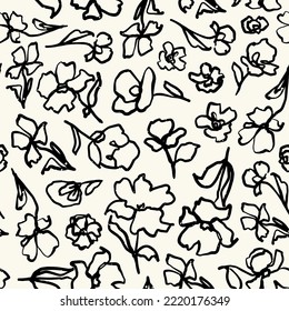 Line art wild flowers seamless repeat pattern. Random placed, vector florals with leaves all over surface print on white background.